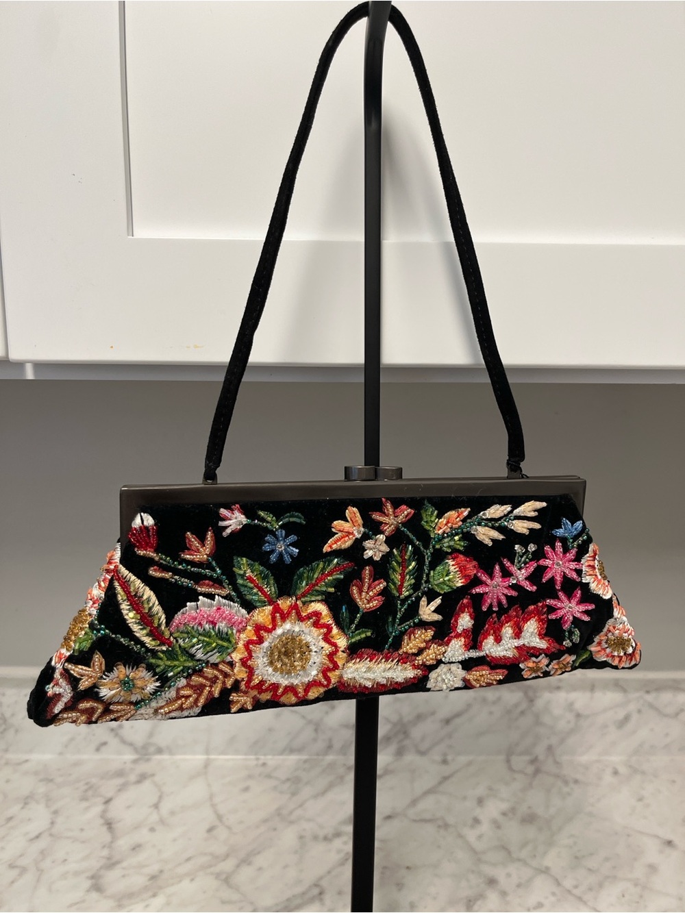 Embroidered Black Floral Evening Clutch